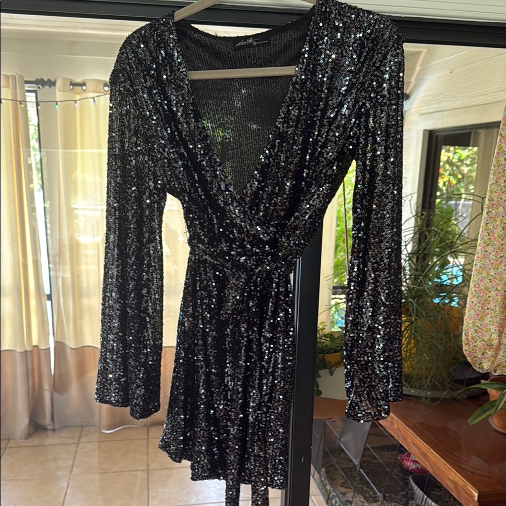 Black Sequin Wrap Dress